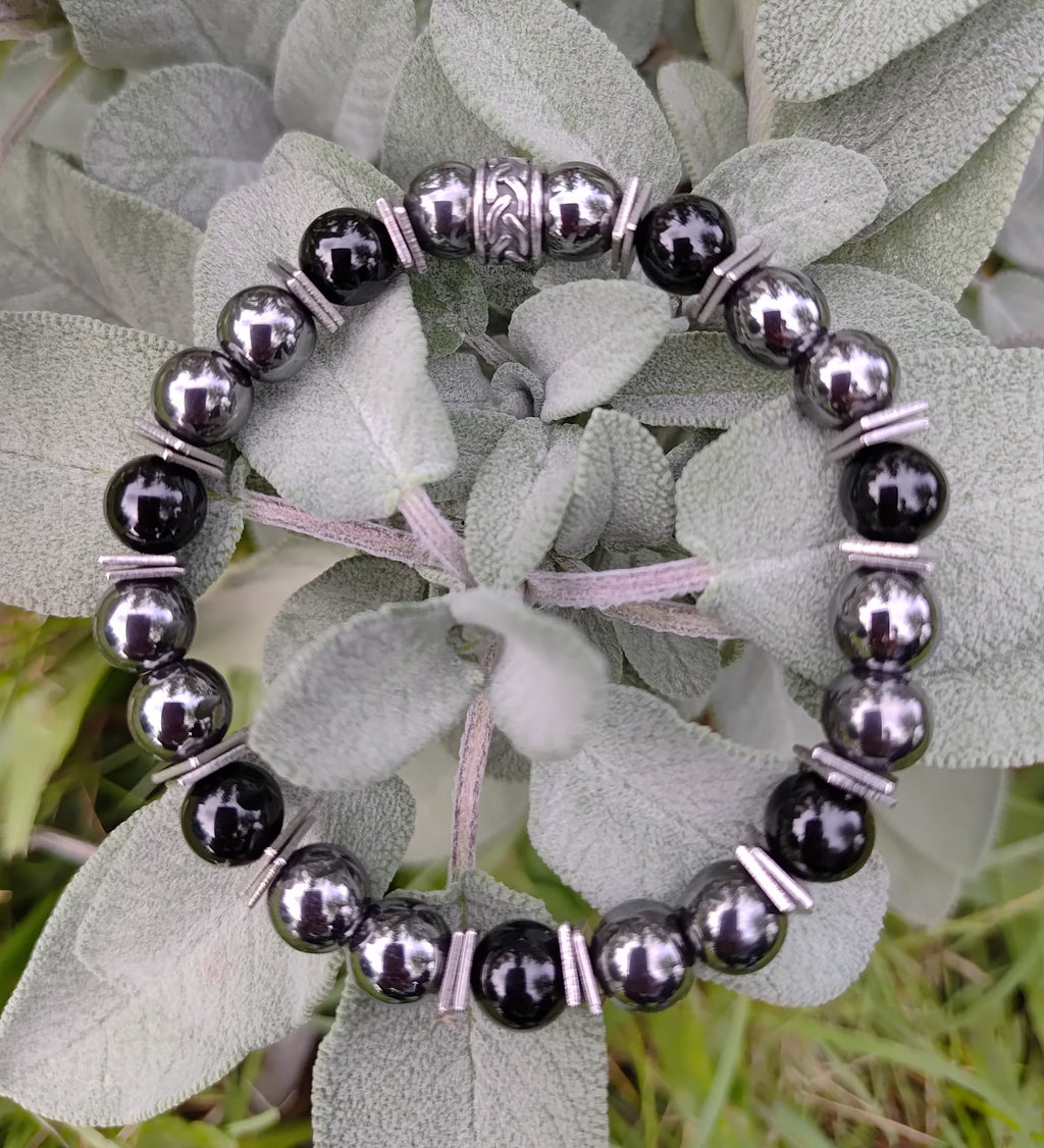 Hämatit, Onyx + Edelstahl, elastisches Armband mit Naturstein, 8 mm