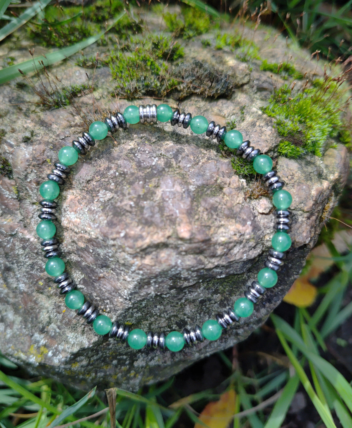Aventurin, Hämatit + Edelstahl, elastisches Armband mit Naturstein, 6 mm