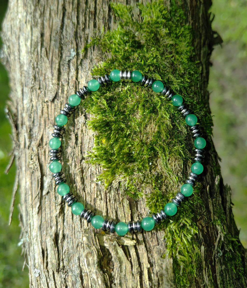 Aventurin, Hämatit + Edelstahl, elastisches Armband mit Naturstein, 6 mm