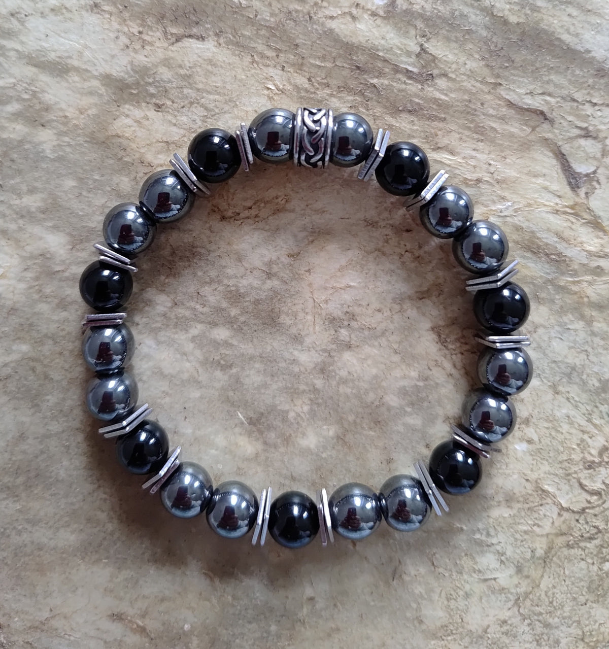 Hämatit, Onyx + Edelstahl, elastisches Armband mit Naturstein, 8 mm