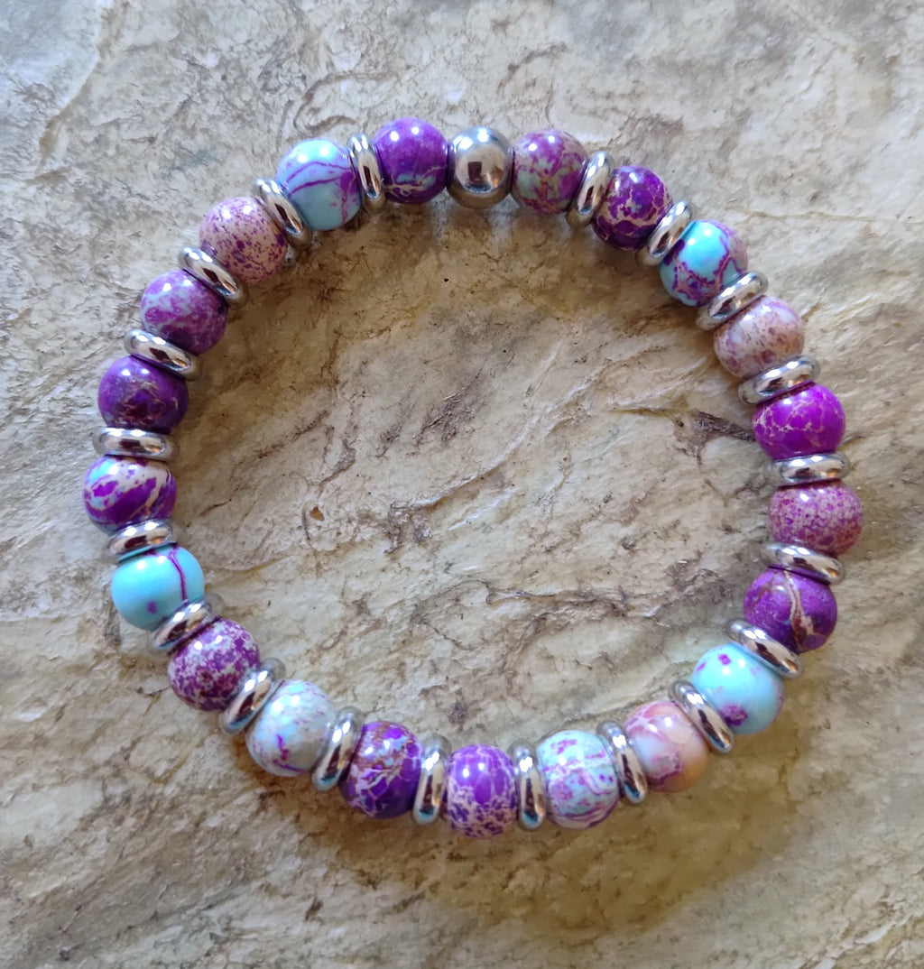 Lila Jaspis + Edelstahl, elastisches Armband mit Naturstein, 8 mm