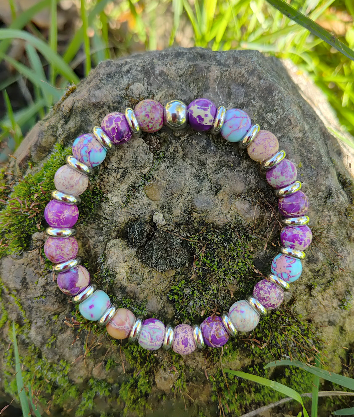 Lila Jaspis + Edelstahl, elastisches Armband mit Naturstein, 8 mm