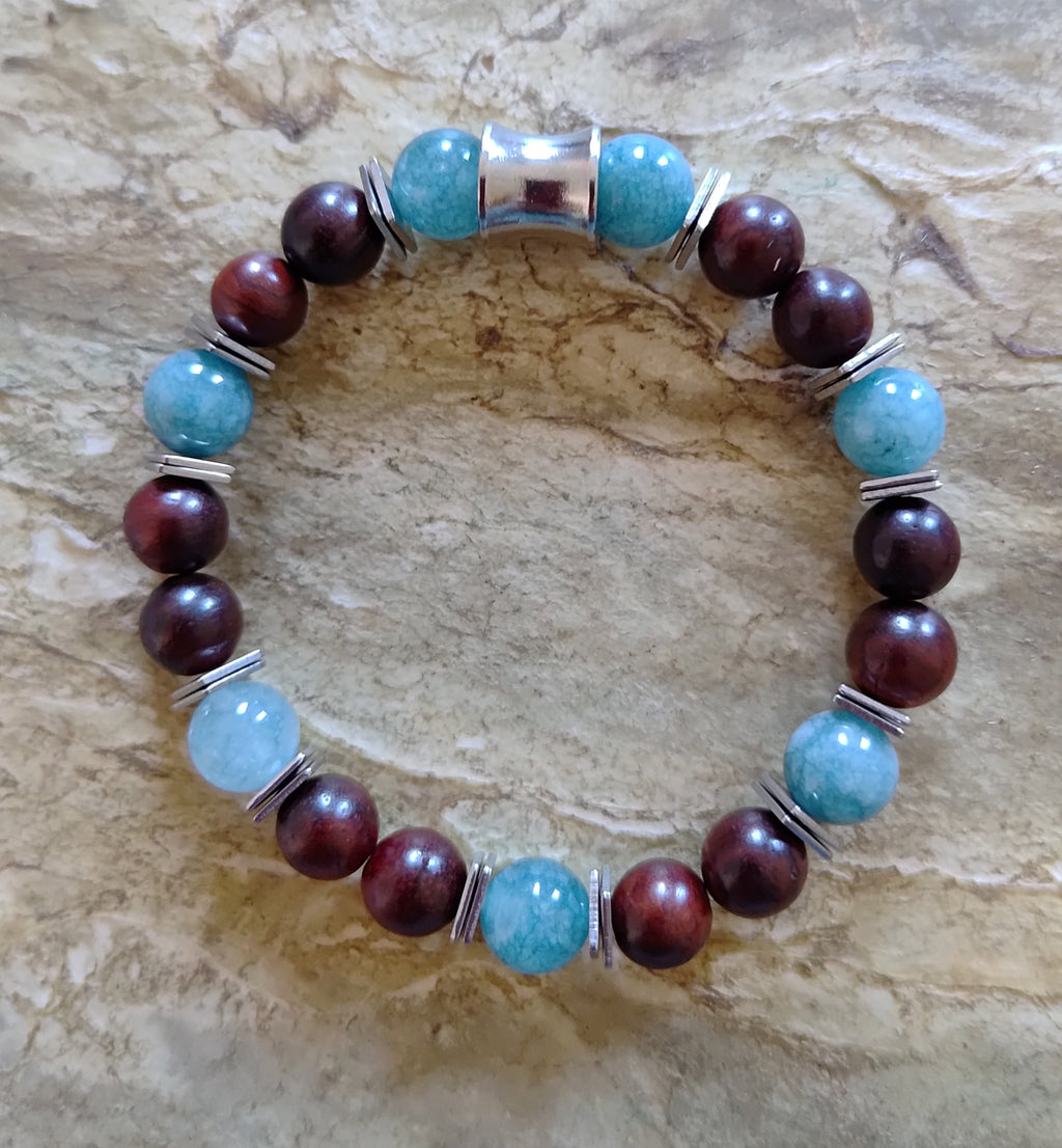 Aquamarin, Sandelholz + Edelstahl, elastisches Armband mit Naturstein, 8 mm