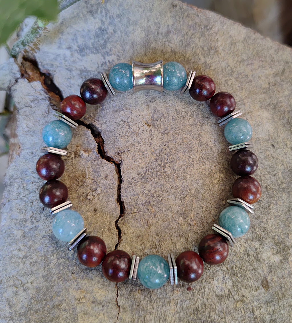 Aquamarin, Sandelholz + Edelstahl, elastisches Armband mit Naturstein, 8 mm