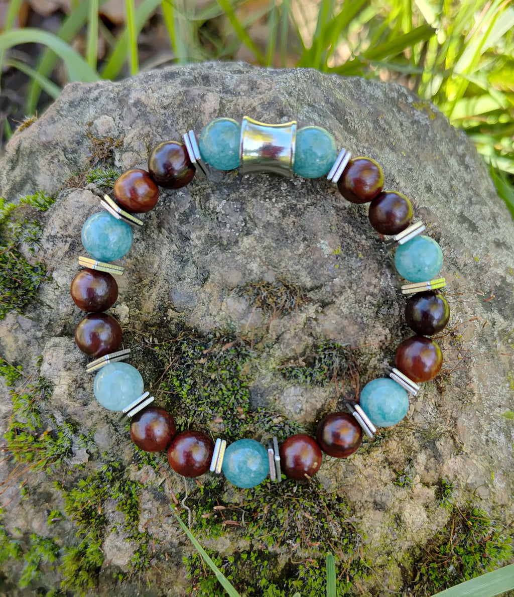 Aquamarin, Sandelholz + Edelstahl, elastisches Armband mit Naturstein, 8 mm