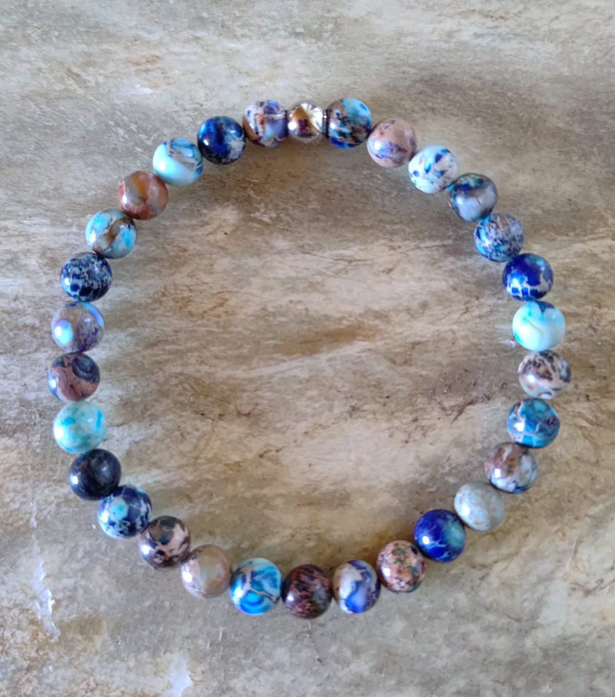 Blauer Jaspis + Edelstahl, elastisches Armband mit Naturstein, 6 mm