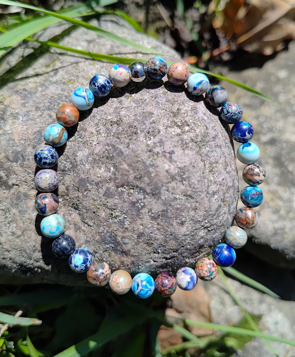Blauer Jaspis + Edelstahl, elastisches Armband mit Naturstein, 6 mm