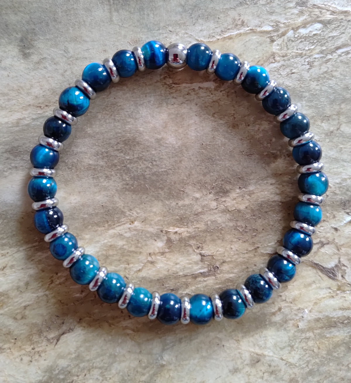 Blaues Tigerauge + Edelstahl, elastisches Armband mit Naturstein, 6 mm