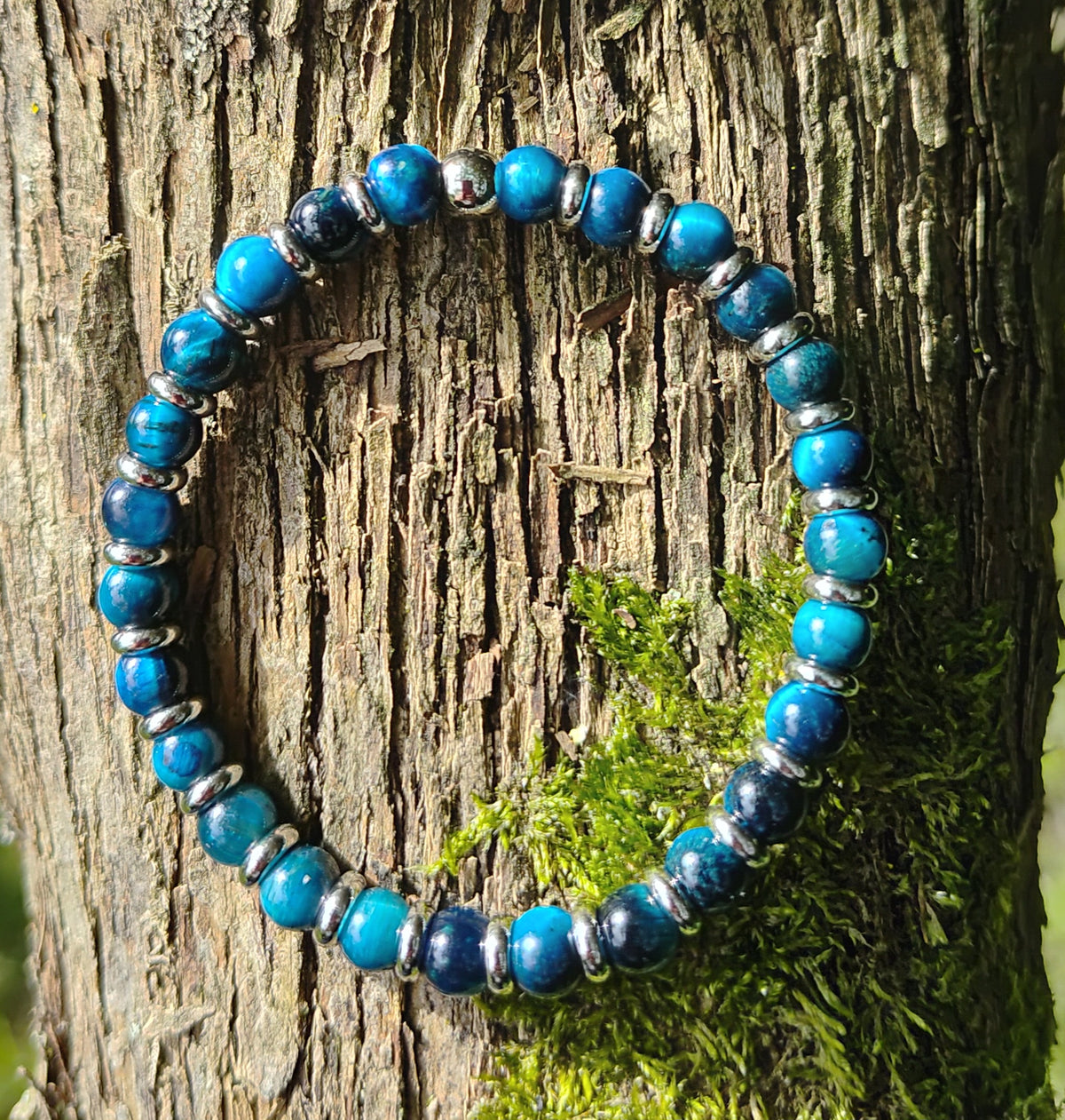 Blaues Tigerauge + Edelstahl, elastisches Armband mit Naturstein, 6 mm
