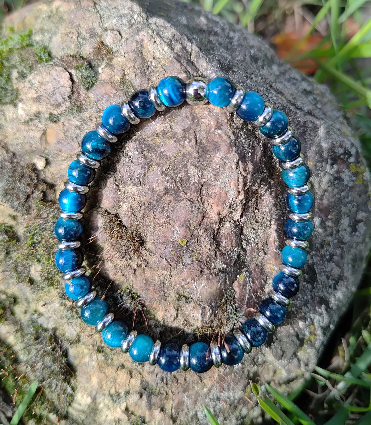 Blaues Tigerauge + Edelstahl, elastisches Armband mit Naturstein, 6 mm