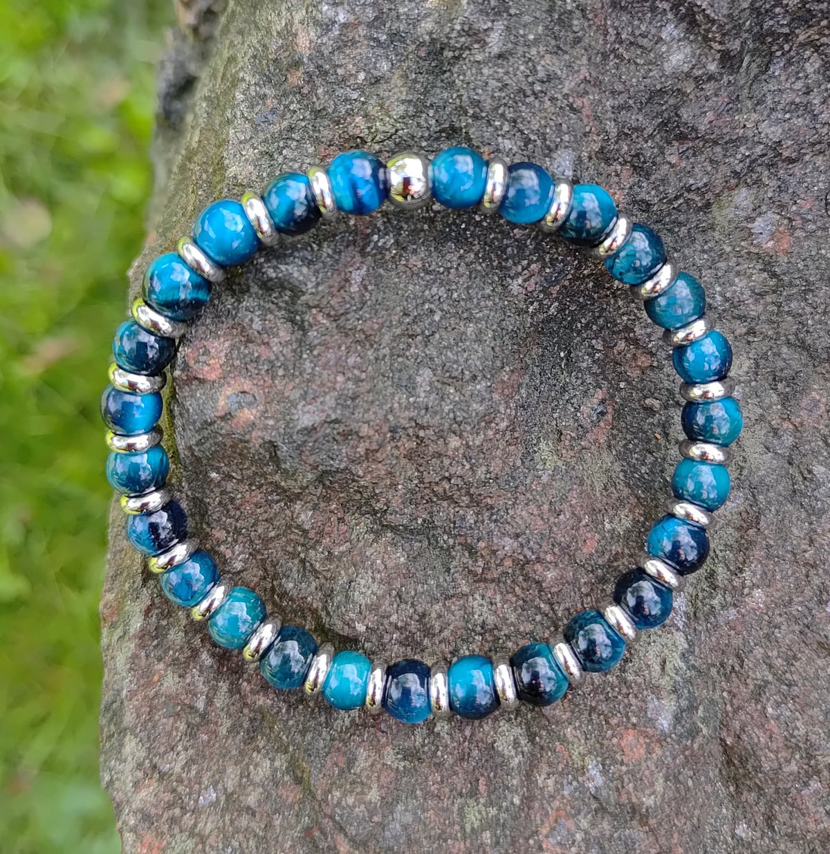 Blaues Tigerauge + Edelstahl, elastisches Armband mit Naturstein, 6 mm