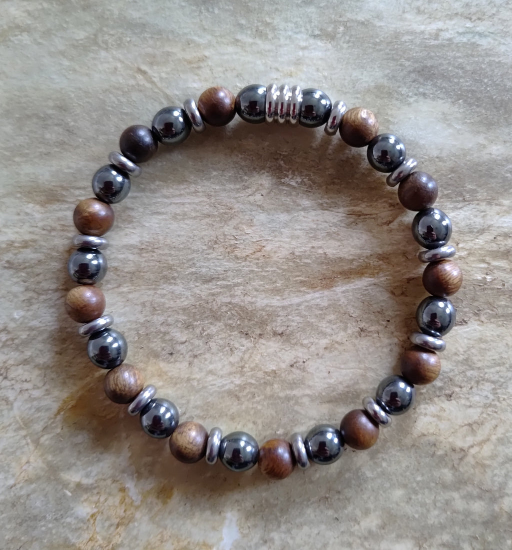 Hämatit, Sandelholz + Edelstahl, elastisches Armband mit Naturstein, 6 mm