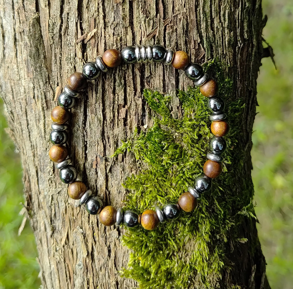 Hämatit, Sandelholz + Edelstahl, elastisches Armband mit Naturstein, 6 mm
