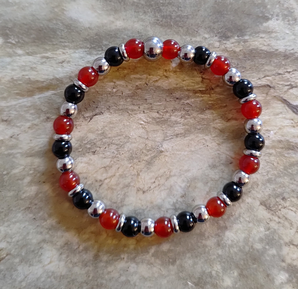 Karneol, Onyx + Edelstahl, elastisches Armband mit Naturstein, 6 mm