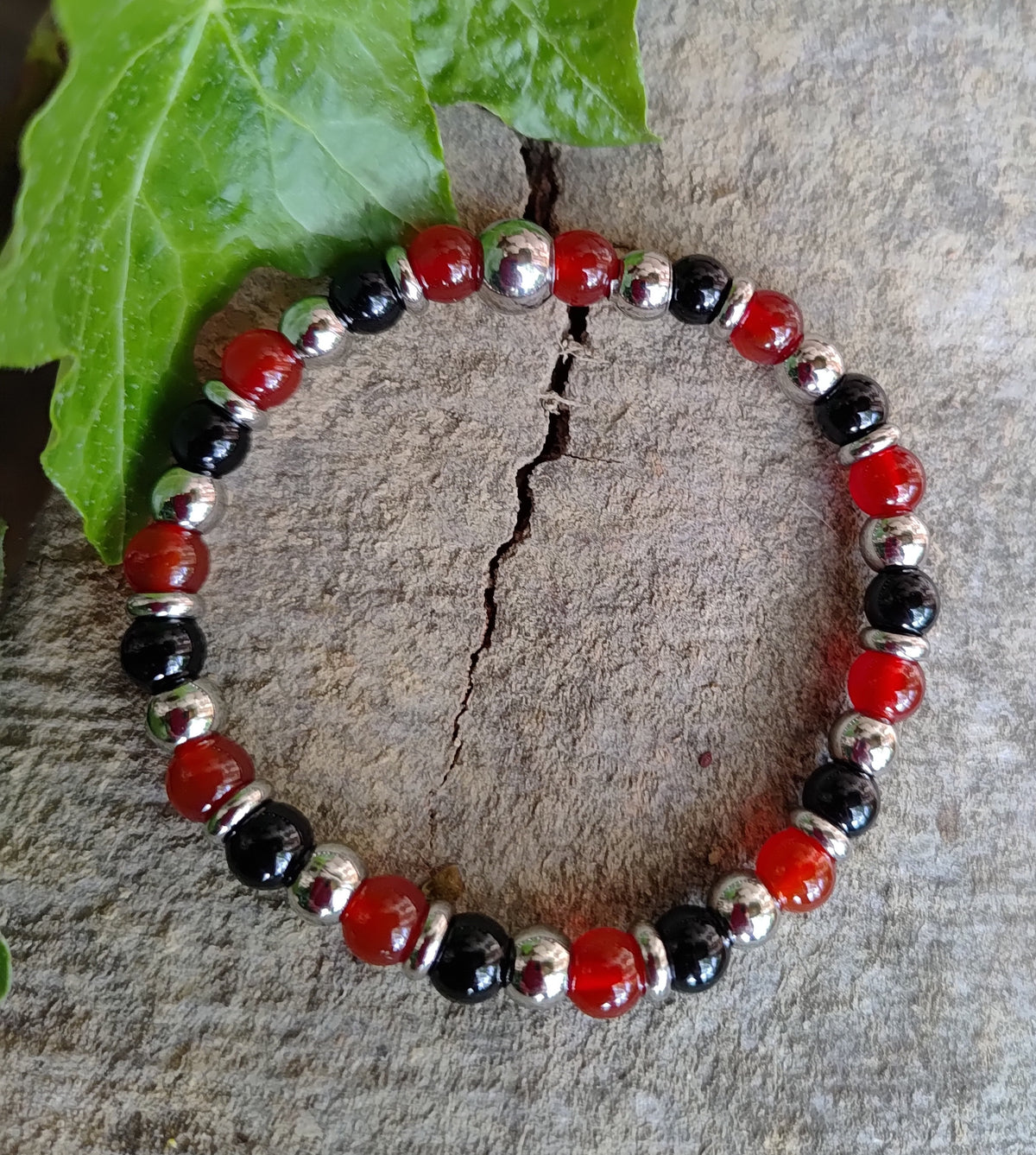 Karneol, Onyx + Edelstahl, elastisches Armband mit Naturstein, 6 mm
