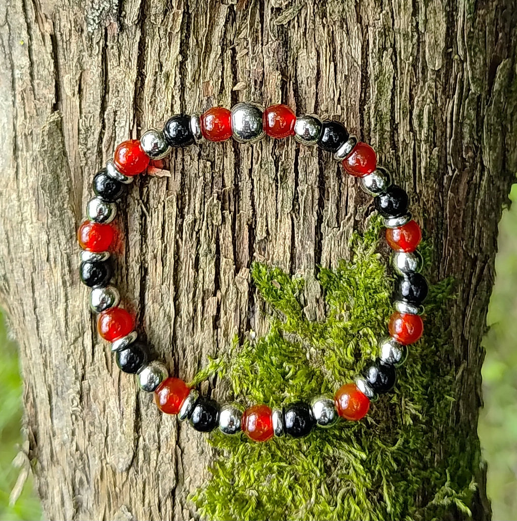 Karneol, Onyx + Edelstahl, elastisches Armband mit Naturstein, 6 mm