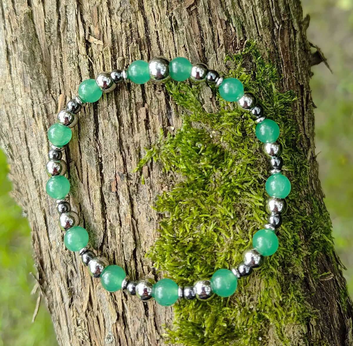 Aventurin, Hämatit + Edelstahl, elastisches Armband mit Naturstein,  6/4 mm