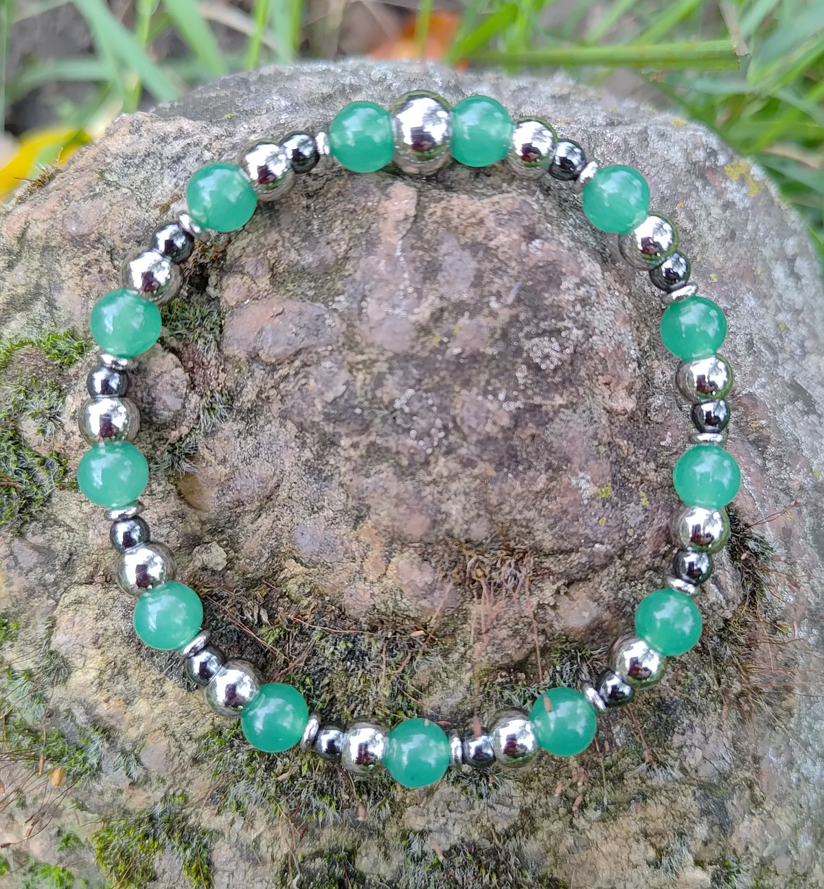Aventurin, Hämatit + Edelstahl, elastisches Armband mit Naturstein,  6/4 mm