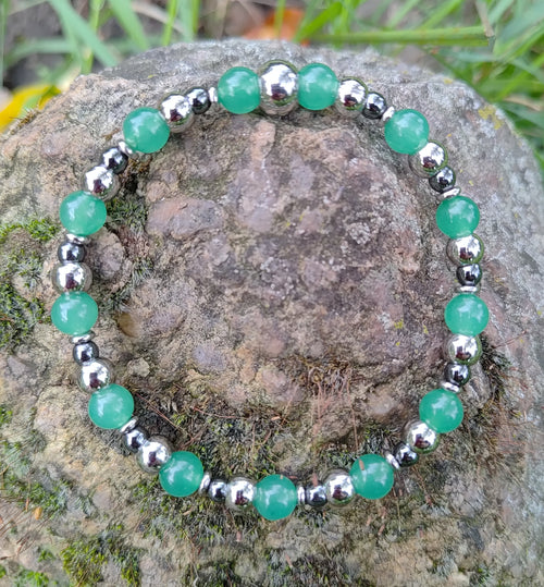 Aventurin, Hämatit + Edelstahl, elastisches Armband mit Naturstein,  6/4 mm