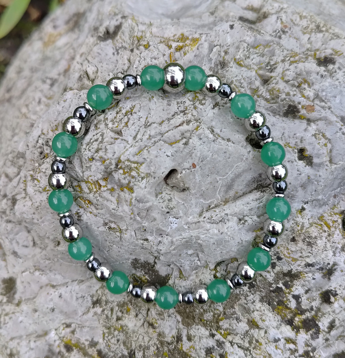Aventurin, Hämatit + Edelstahl, elastisches Armband mit Naturstein,  6/4 mm