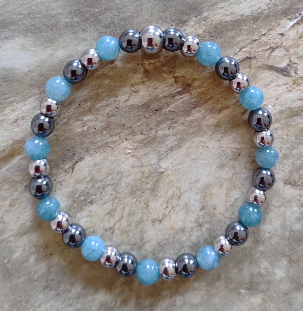 Aquamarin, Hämatit + Edelstahl, elastisches Armband mit Naturstein, 6 mm
