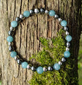 Aquamarin, Hämatit + Edelstahl, elastisches Armband mit Naturstein, 6 mm