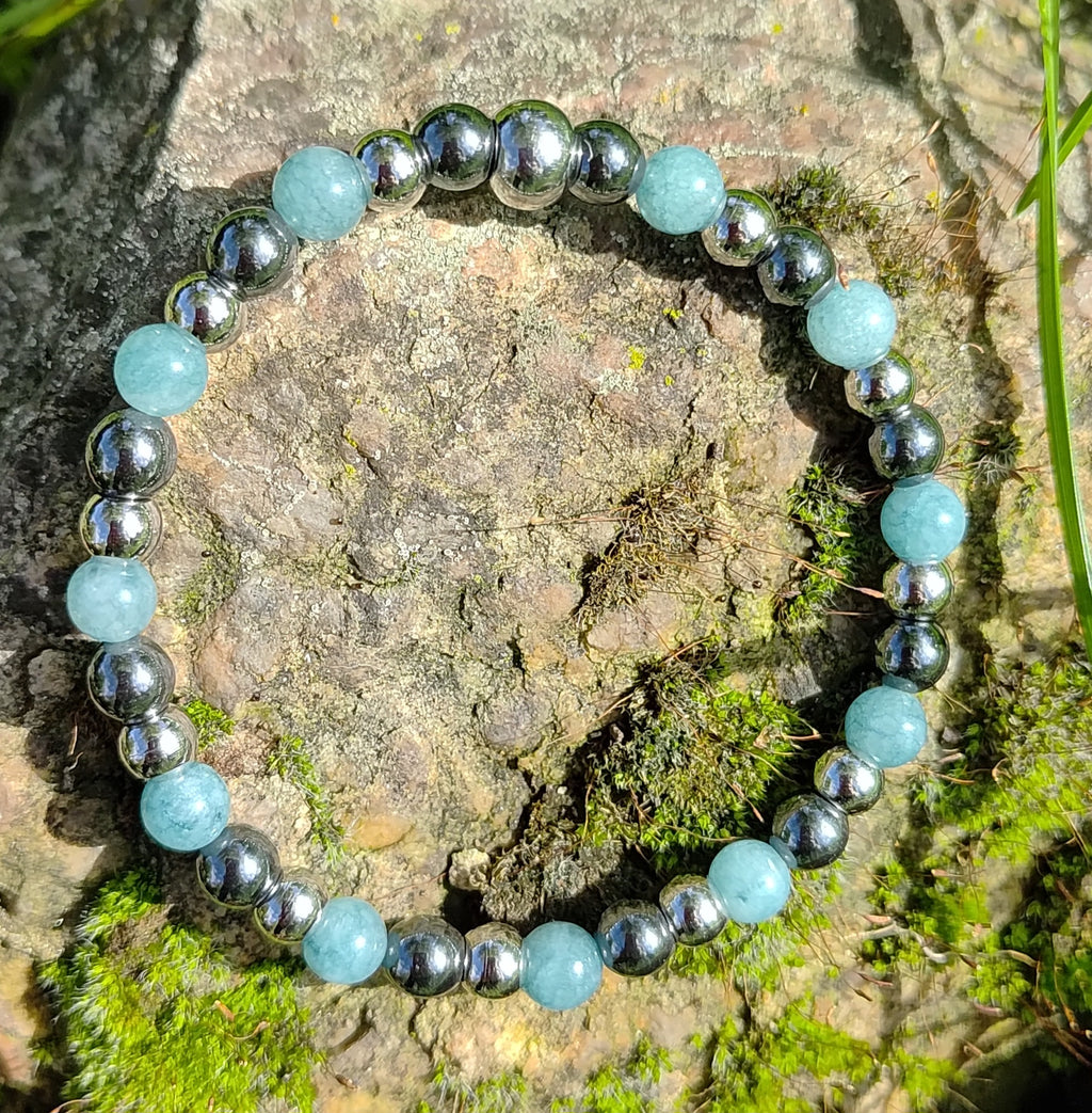 Aquamarin, Hämatit + Edelstahl, elastisches Armband mit Naturstein, 6 mm