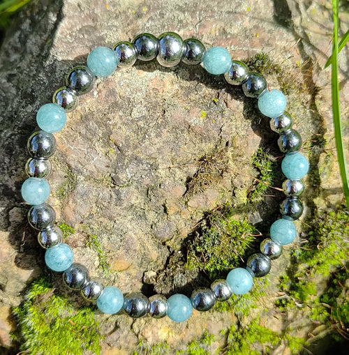 Aquamarin, Hämatit + Edelstahl, elastisches Armband mit Naturstein, 6 mm