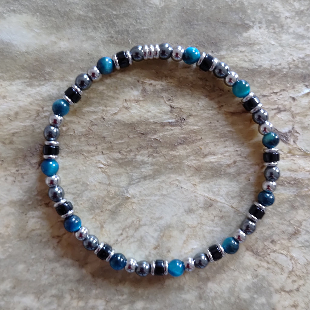 Blaues Tigerauge, Onyx, Hämatit + Edelstahl, elastisches Armband mit Naturstein, 4 mm