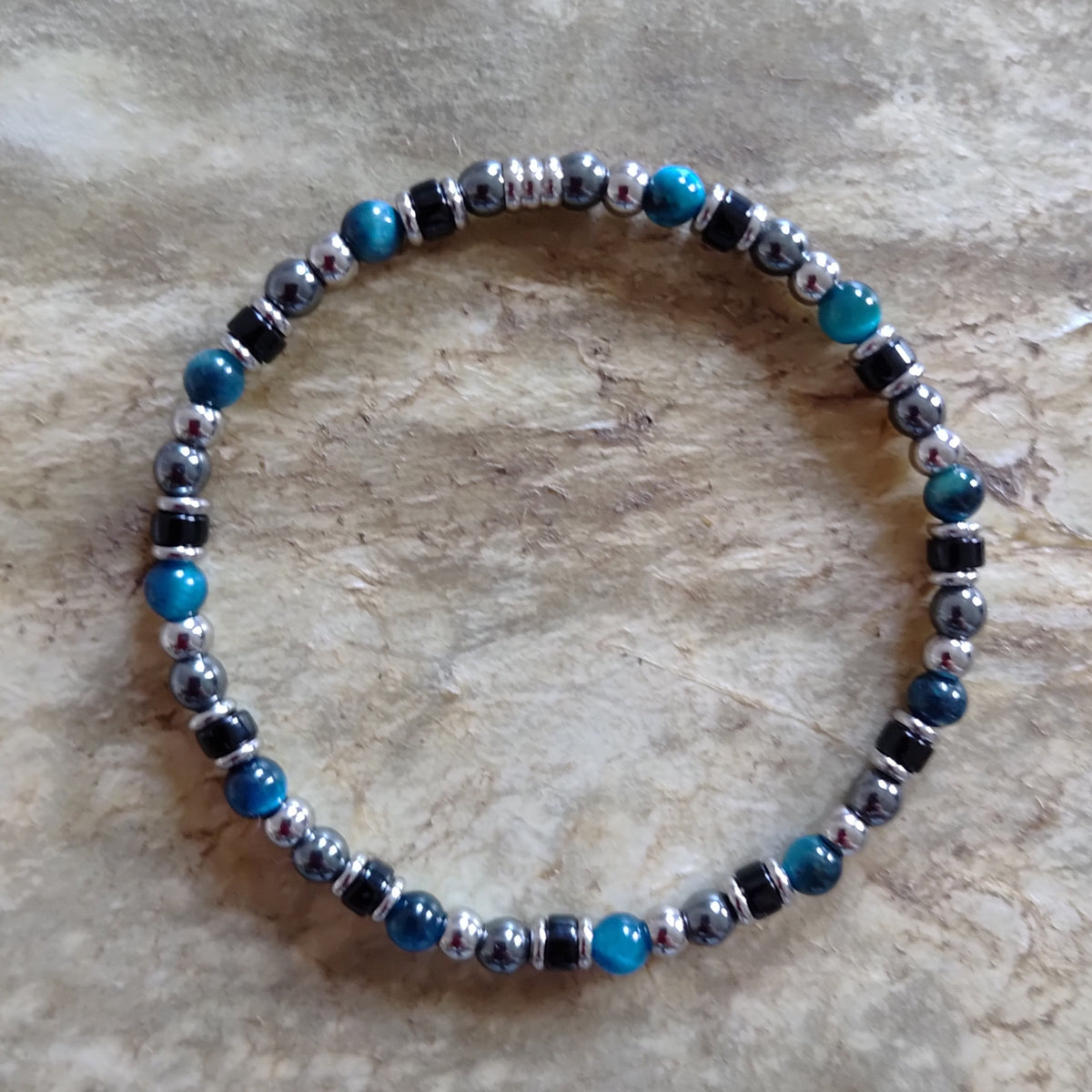 Blaues Tigerauge, Onyx, Hämatit + Edelstahl, elastisches Armband mit Naturstein, 4 mm