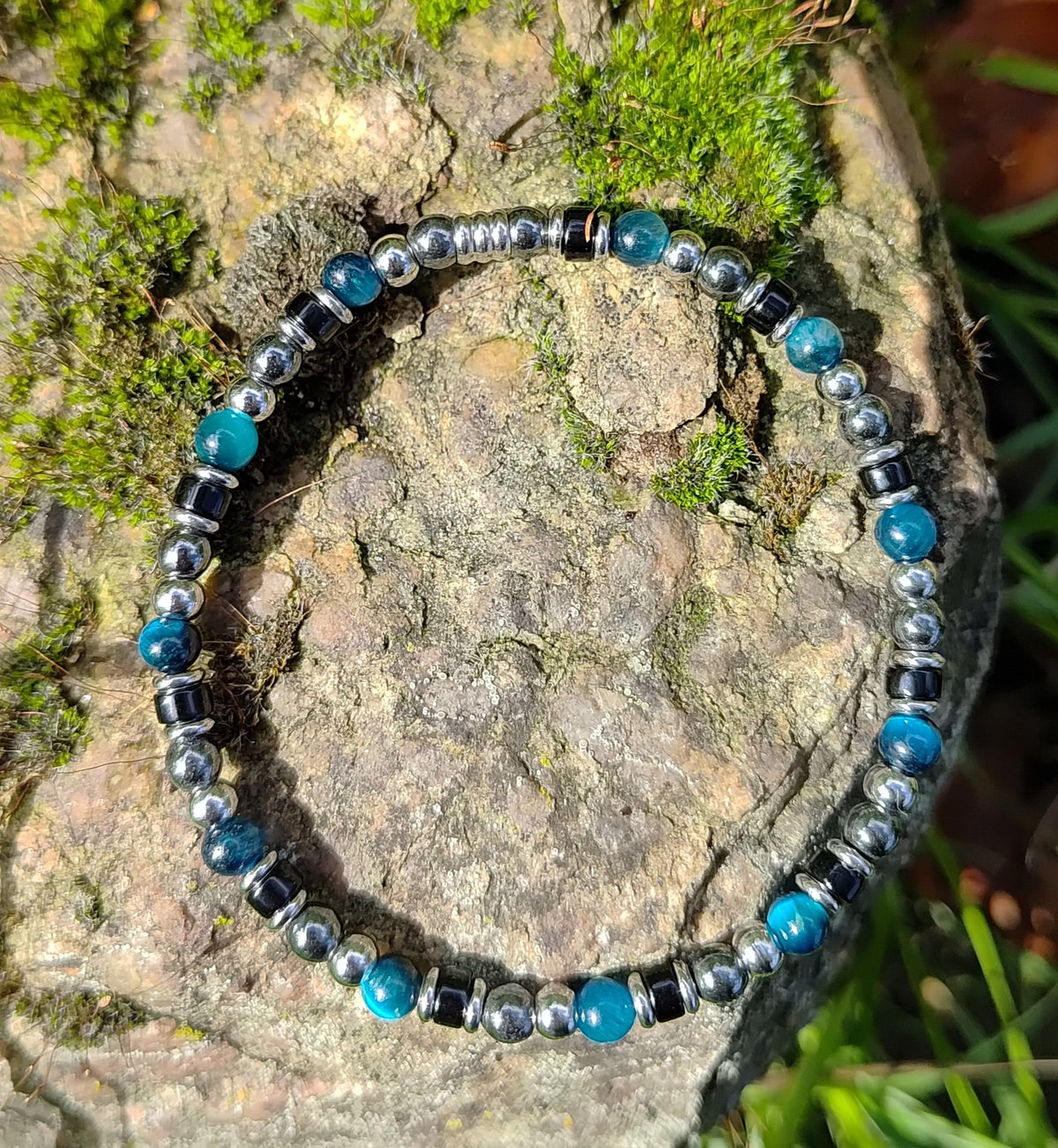 Blaues Tigerauge, Onyx, Hämatit + Edelstahl, elastisches Armband mit Naturstein, 4 mm
