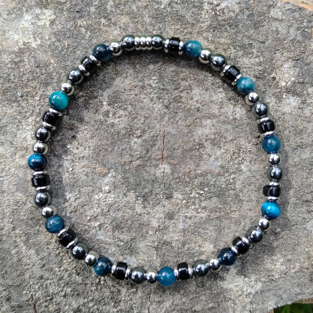 Blaues Tigerauge, Onyx, Hämatit + Edelstahl, elastisches Armband mit Naturstein, 4 mm