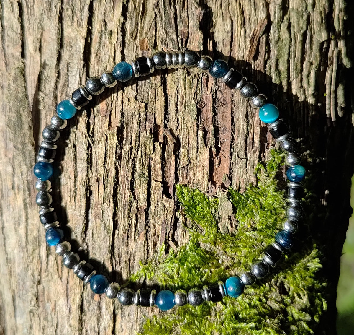 Blaues Tigerauge, Onyx, Hämatit + Edelstahl, elastisches Armband mit Naturstein, 4 mm