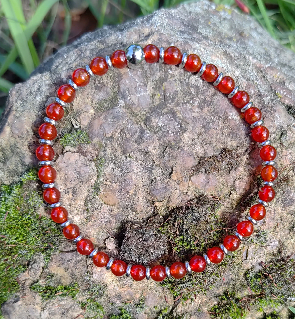 Karneol + Edelstahl, elastisches Armband mit Naturstein, 4 mm