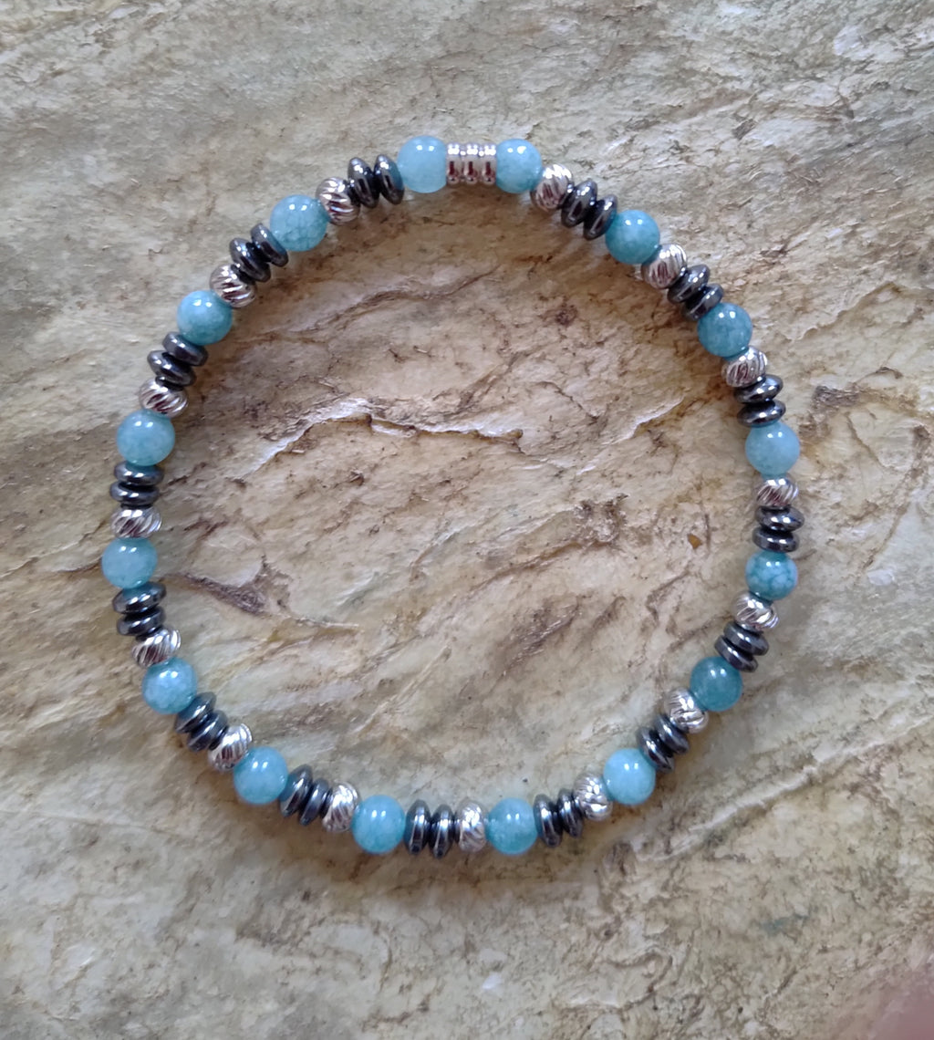 Aquamarin, Hämatit + Edelstahl, elastisches Armband mit Naturstein, 4 mm