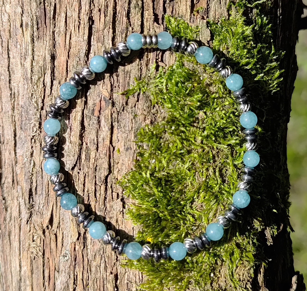 Aquamarin, Hämatit + Edelstahl, elastisches Armband mit Naturstein, 4 mm