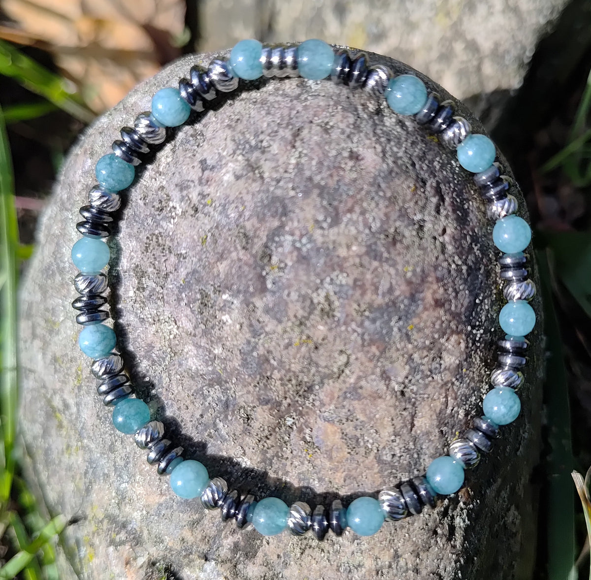 Aquamarin, Hämatit + Edelstahl, elastisches Armband mit Naturstein, 4 mm