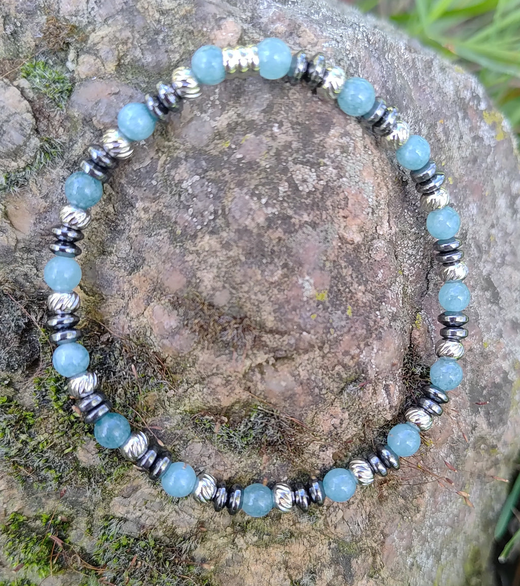 Aquamarin, Hämatit + Edelstahl, elastisches Armband mit Naturstein, 4 mm