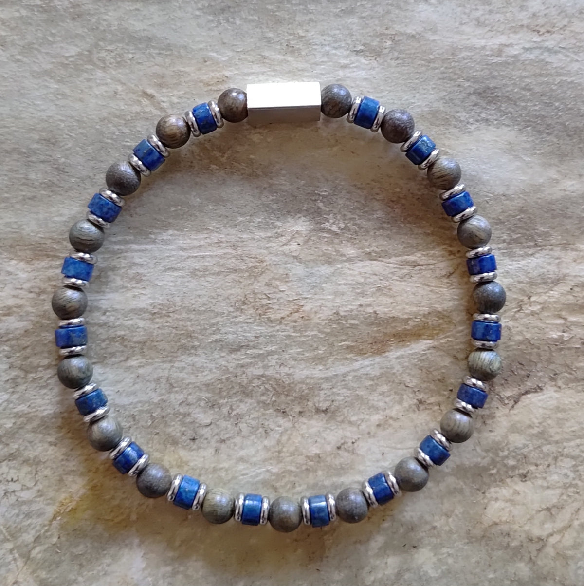 Lapislazuli, Sandelholz + Edelstahl, elastisches Armband mit Naturstein, 4 mm