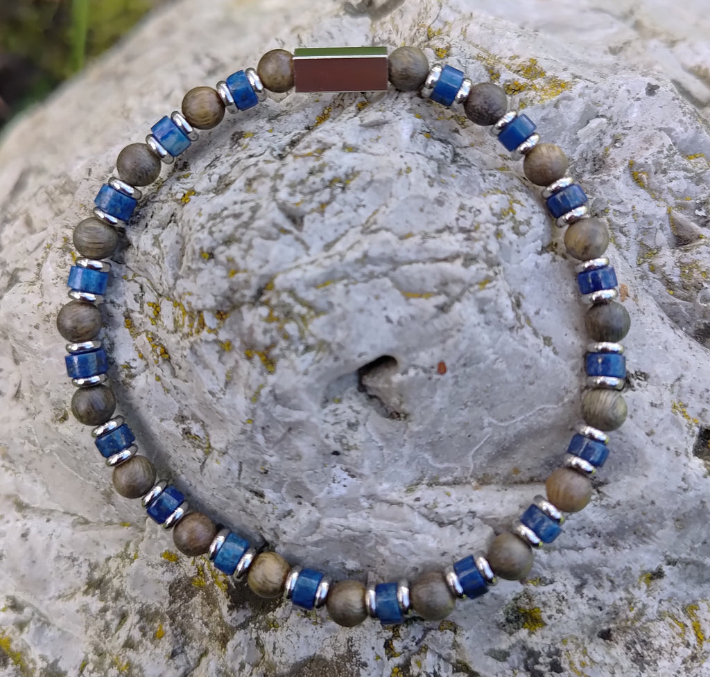 Lapislazuli, Sandelholz + Edelstahl, elastisches Armband mit Naturstein, 4 mm