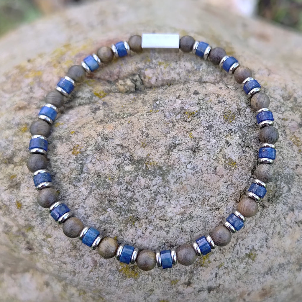 Lapislazuli, Sandelholz + Edelstahl, elastisches Armband mit Naturstein, 4 mm