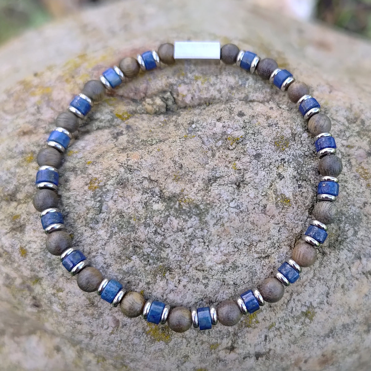 Lapislazuli, Sandelholz + Edelstahl, elastisches Armband mit Naturstein, 4 mm