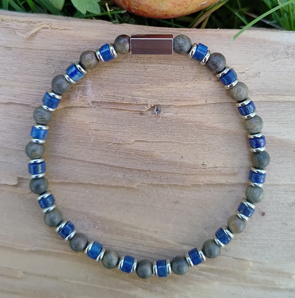 Lapislazuli, Sandelholz + Edelstahl, elastisches Armband mit Naturstein, 4 mm
