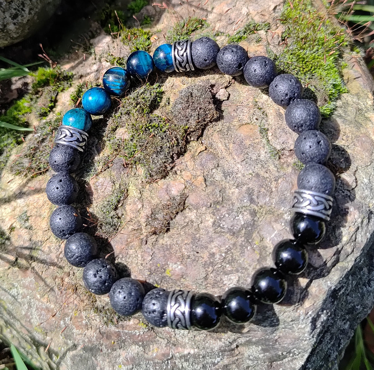 Blaues Tigerauge, Onyx, Lavastein + Edelstahl, elastisches Armband mit Naturstein, 8 mm