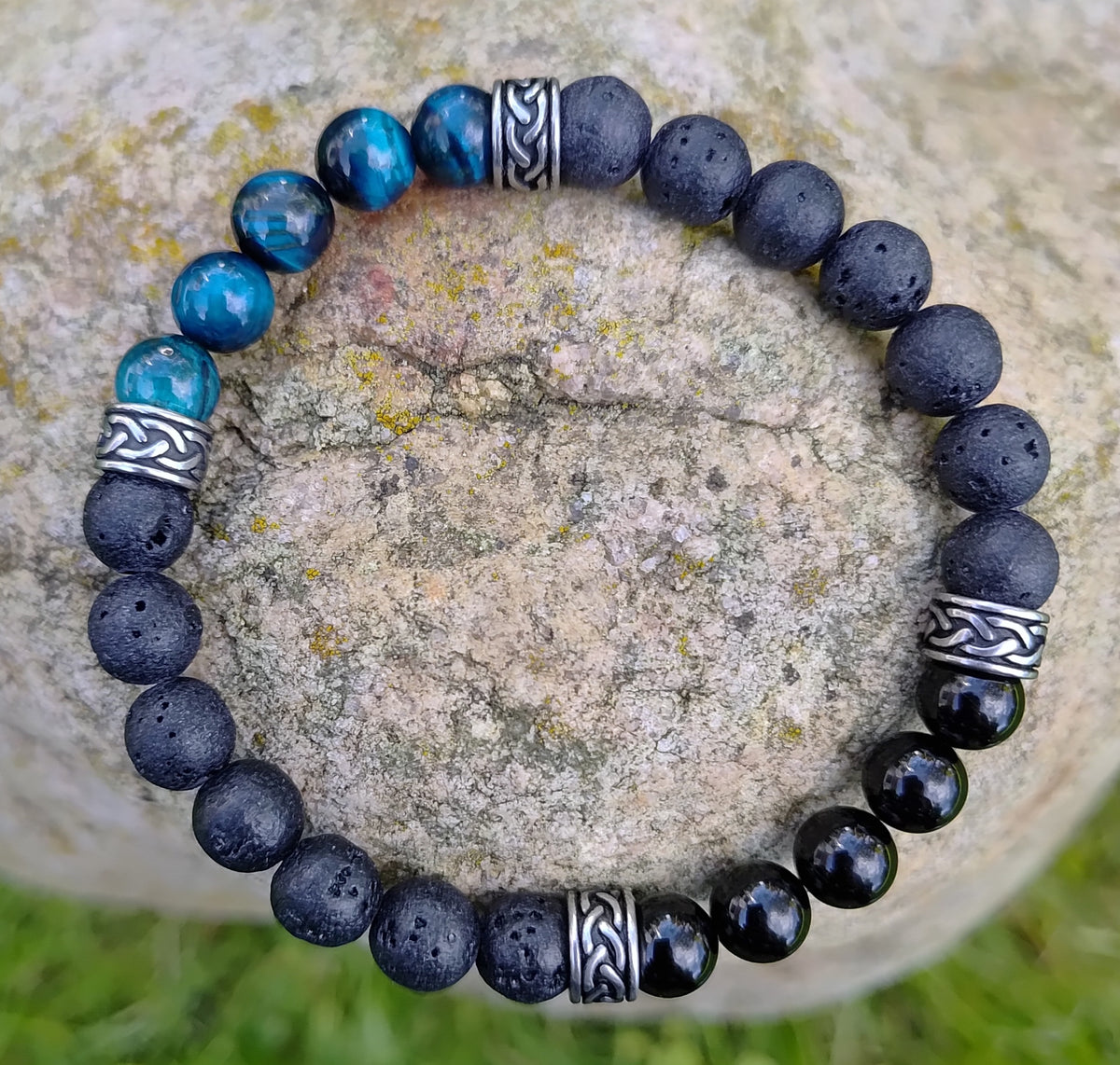 Blaues Tigerauge, Onyx, Lavastein + Edelstahl, elastisches Armband mit Naturstein, 8 mm