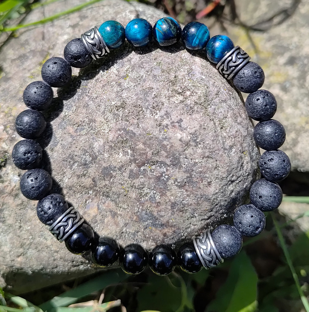 Blaues Tigerauge, Onyx, Lavastein + Edelstahl, elastisches Armband mit Naturstein, 8 mm