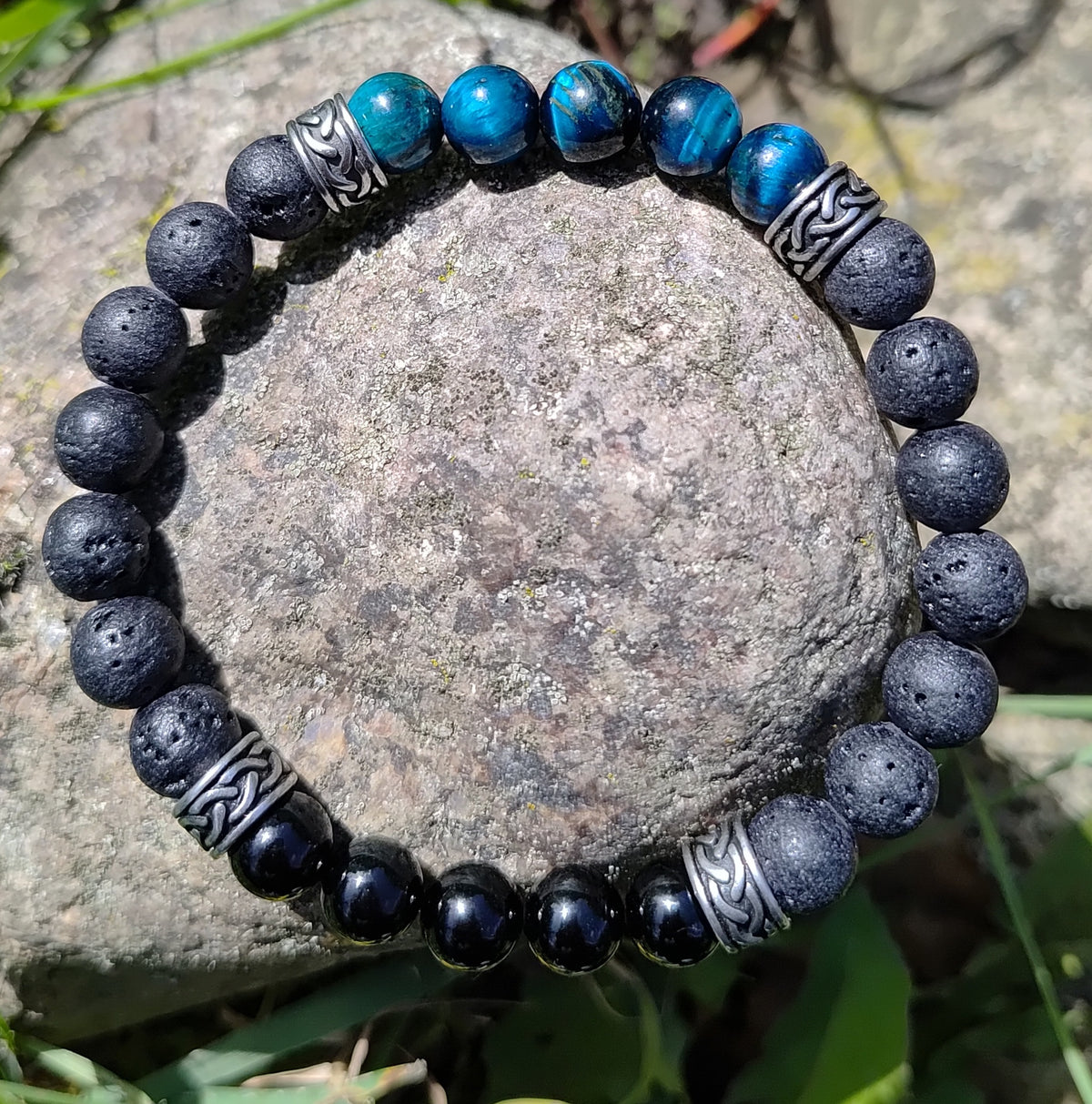 Blaues Tigerauge, Onyx, Lavastein + Edelstahl, elastisches Armband mit Naturstein, 8 mm