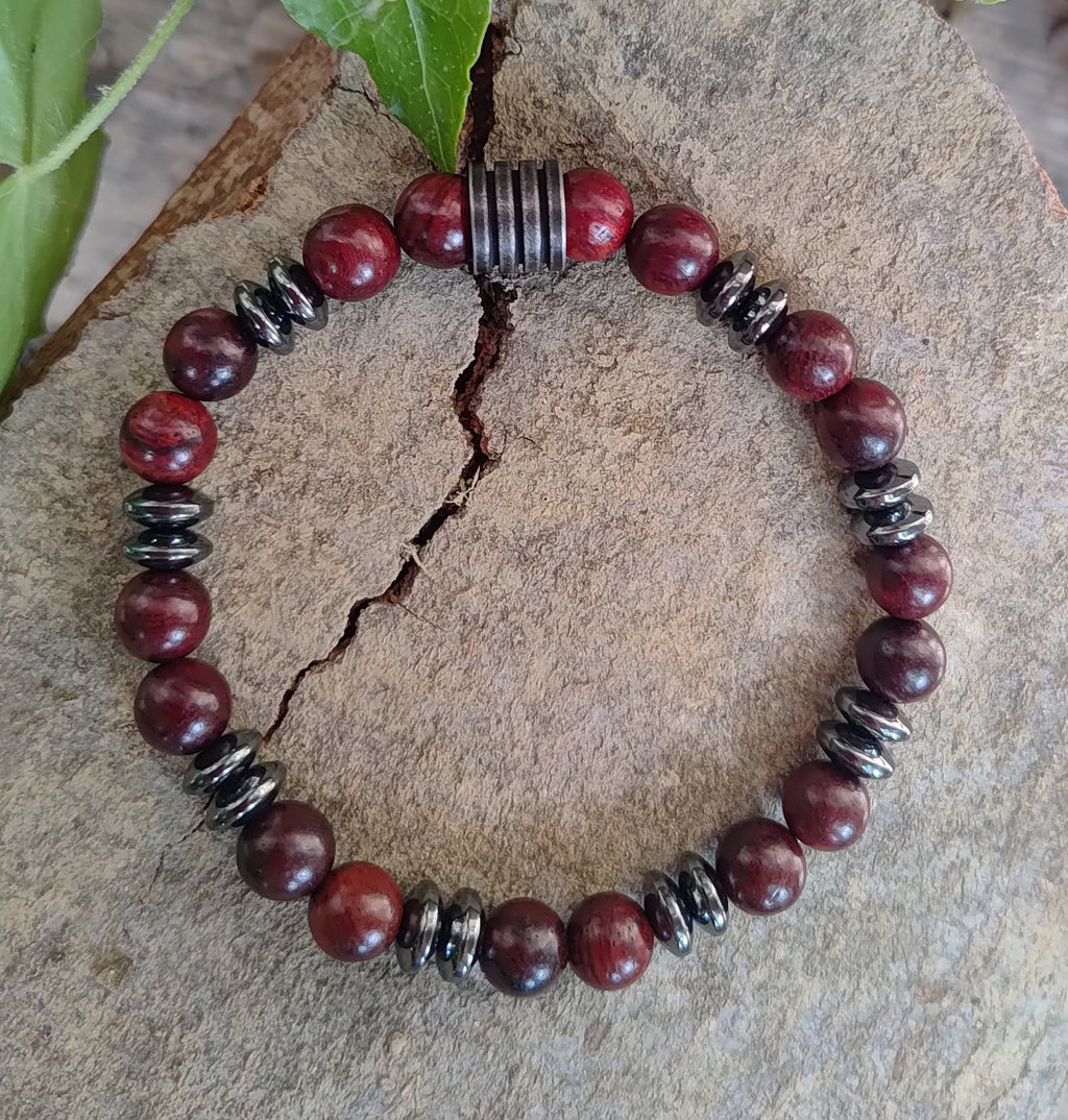 Hämatit, Sandelholz + Edelstahl, elastisches Armband mit Naturstein, 8 mm