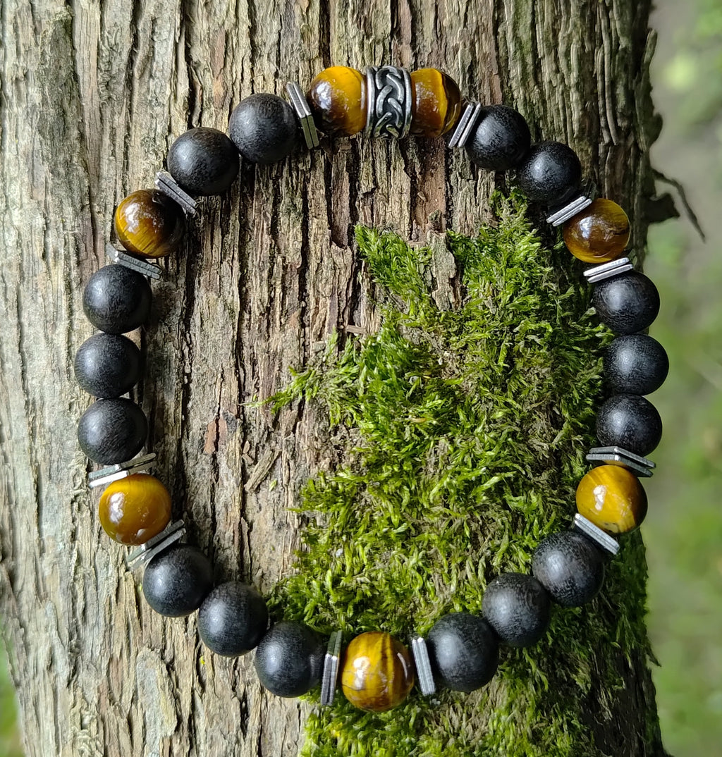 Tigerauge, Sandelholz + Edelstahl, elastisches Armband mit Naturstein, 8 mm