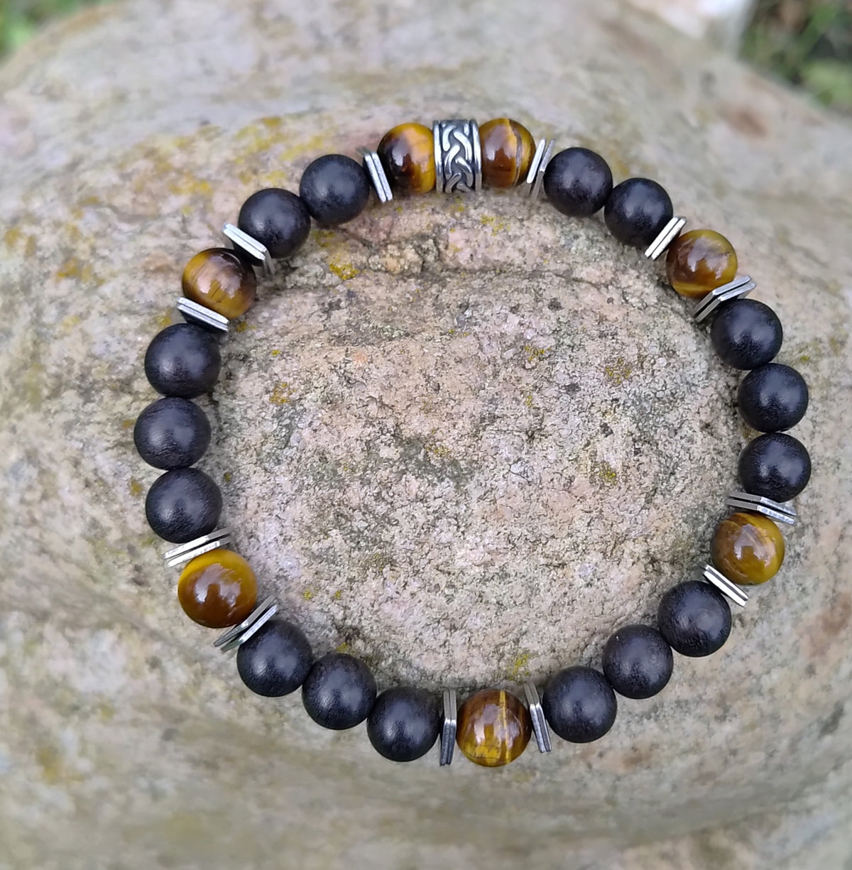 Tigerauge, Sandelholz + Edelstahl, elastisches Armband mit Naturstein, 8 mm